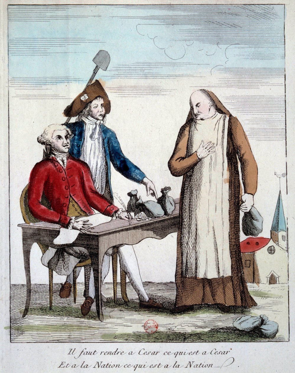 Fransk revolusjon: karikaturisk representasjon av et medlem av presteskapet tvunget til å returnere kirkens eiendom. "Vi må gi tilbake til cesar det som er til Cesar og til nasjonen det som er for nasjonen" Gravering av Paris 1790, Bibliotheque de l