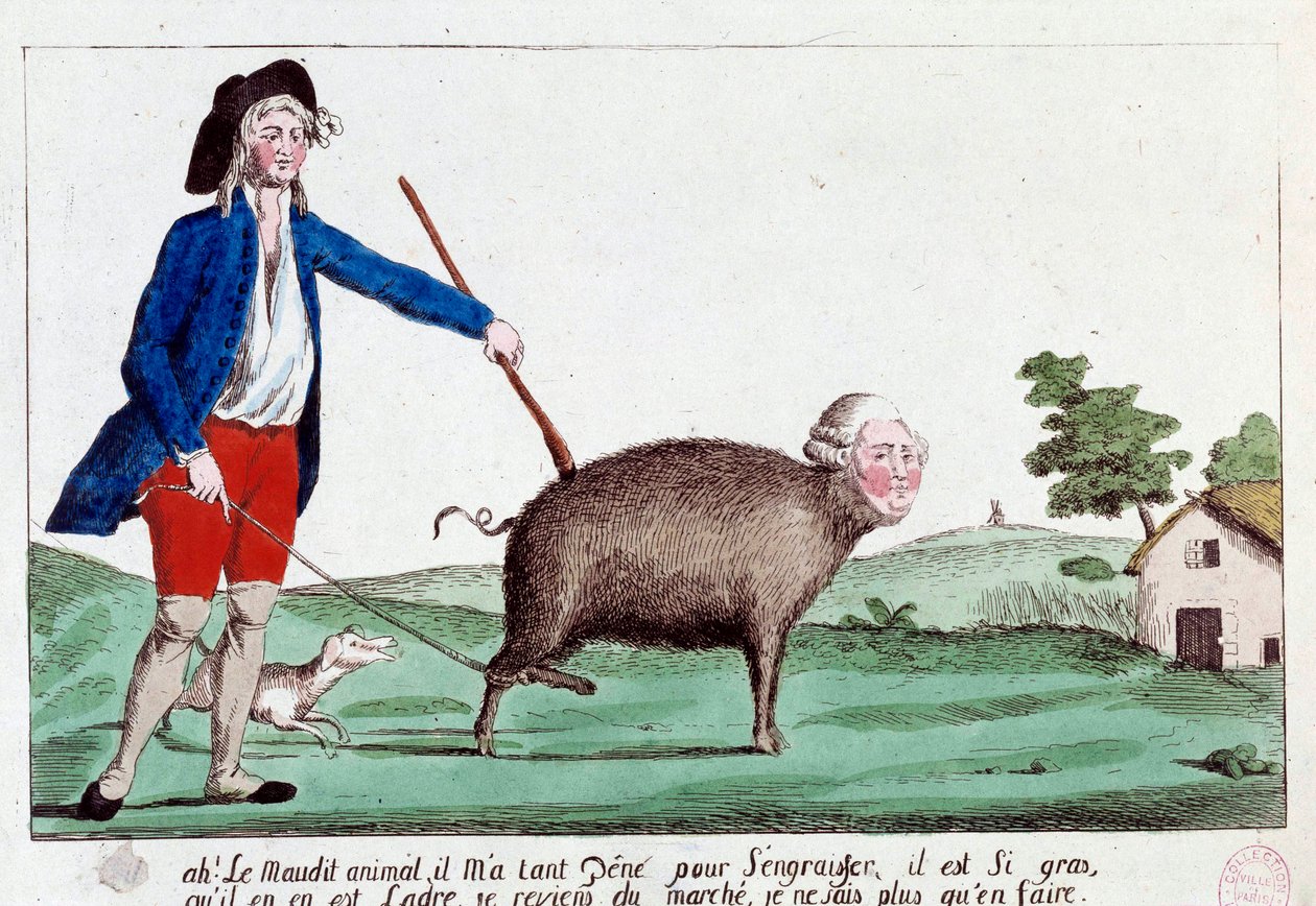 Den franske revolusjonen: tegneserie som viser en revolusjonær som bringer Ludvig XVI tilbake i form av en gris på marsj og ikke vet hva han skal gjøre med den. 1792. Anonym coloriee-etsning, Sun 14x22,8 Paris, Musee Carnavalet av French School