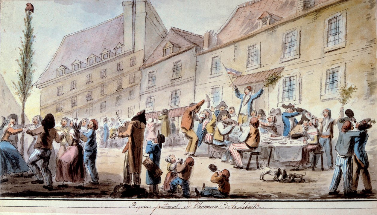 Fransk revolusjon: broderlig måltid til ære for frihet i juni 1793. Patrioter og parisere feirer Liberte. Mottoet "Liberte, egalite, brorskap"" dukket opp for første gang i denne perioden. Akvarell fra 1793. Paris, Arsenals bibliotek av French School