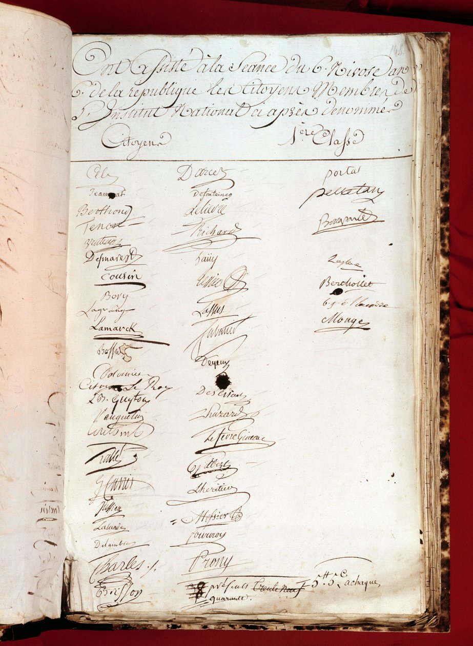 Den franske revolusjonen: ark med et oppmøteregister av 26/12/1797 (6 nivose år VI) med signaturer fra personer som deltok på et nasjonalt institutt. Paris, Vitenskapsakademiet av French School