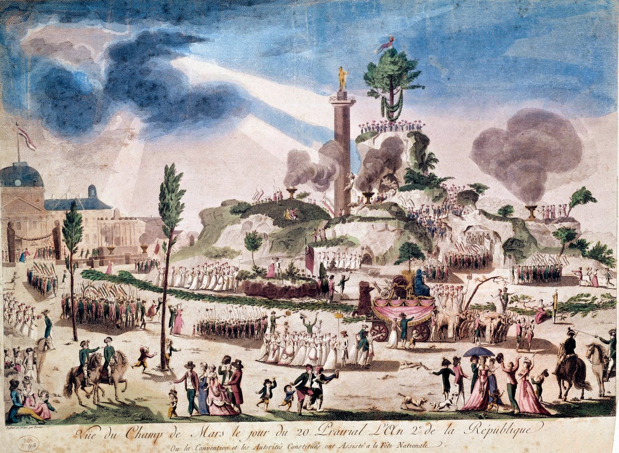 Den franske revolusjonen: Det øverste vesens fest på Champs de Mars 8.06.1794 (20 Prairial An II). Anonym gravering fra 1700-tallet. av French School