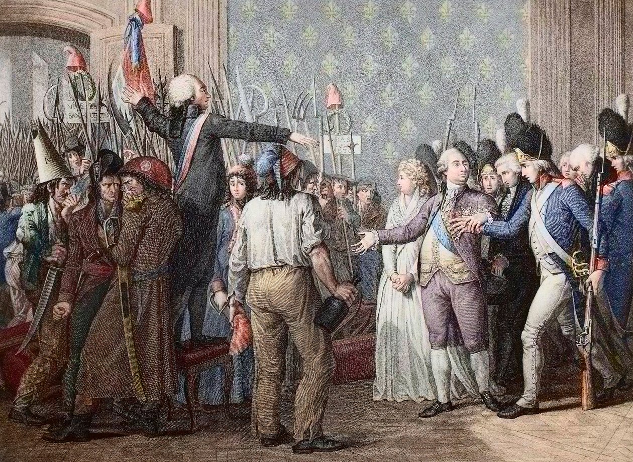 Fransk revolusjon: marsjen på Tuileriene, 20. juni 1792 - Fransk revolusjon - Angrep på Palais des Tuileries, 20. juni 1792 - Dagen 20. juni 1792 på Chateau des Tuileries. Kong Ludvig XVI presenterer seg for folket og varmer opp den røde ca av French School