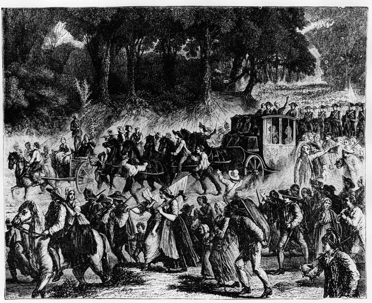 Den franske revolusjonen: ankomsten av kongefamilien (Louis XVI og Marie Antoinette) i Paris, 5. oktober 1789 - gravering. av French School