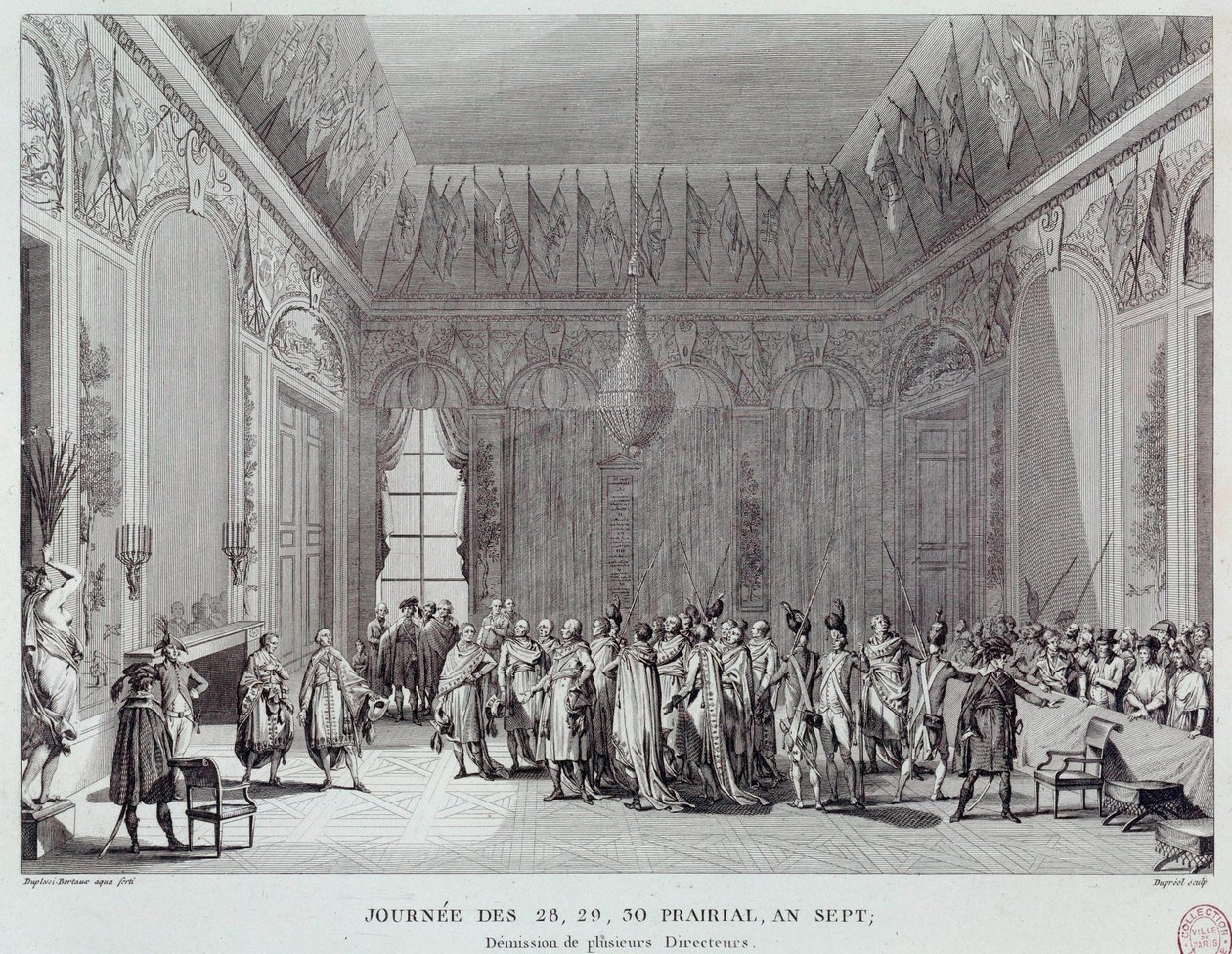Den franske revolusjonen: dagene 28., 29. og 30. Prairial of the year VII som førte, den 18/06/1799, til statskuppet til Abbe Emmanuel-Joseph Sieyes (1748-1836) (eller konsilenes hevn) og så utsettelsen av flere Thermidorianske regissører. Gravering o av French School
