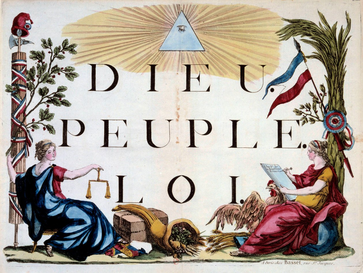 Fransk revolusjon: den guddommelige trekanten som opplyser Gud, folket og loven, allegoriene til Frankrike, rettferdighet, overflod og republikken. Gravering fra 1794. Paris, Arsenals bibliotek av French School