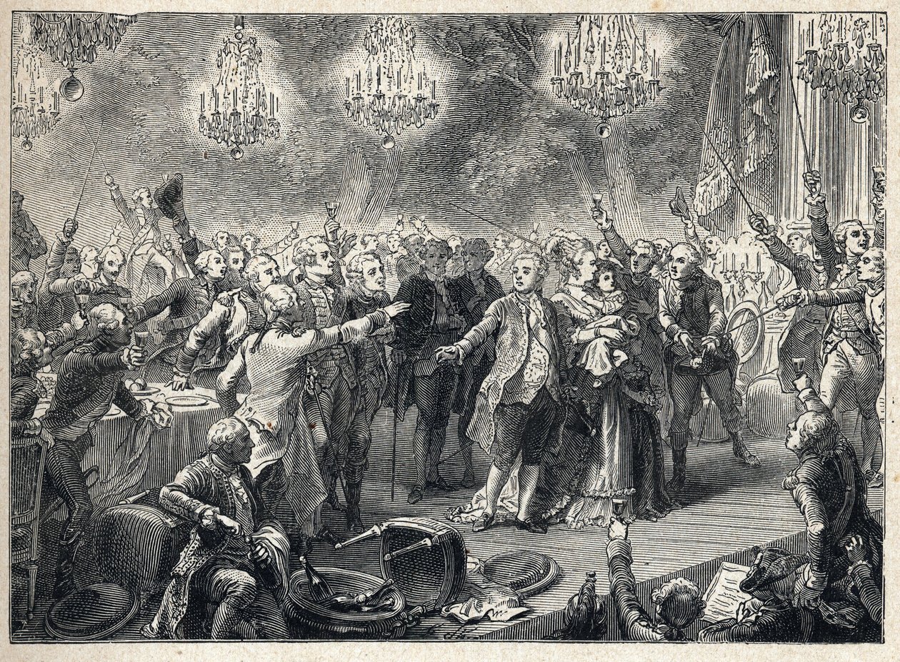 Den franske revolusjonen: royalistene sverger lojalitet til monarkiet i nærvær av kong Louis XVI (1754-1793) av dronning Marie Antoinette (1755-1793) og delfinen ved banketten til livvaktene organisert 1. oktober 1789 i Orangerie de Versailles - av French School
