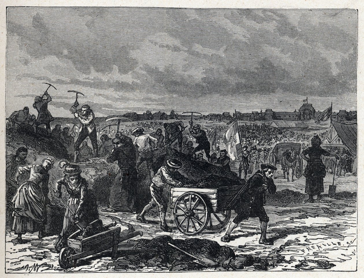 Den franske revolusjonen: verk av Champs de Mars (Champs-de-Mars) i Paris, for å forberede seg til Fete de la Federation i 1790. av French School