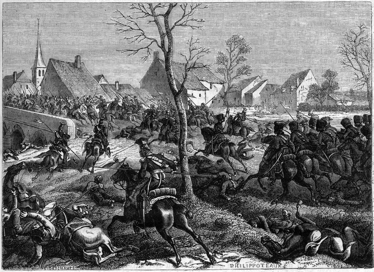 Franske og polske tropper erobrer broen til Berryau-Bac (Aisne), mars 1814 - Campagne de France (1814) - General Nansouty, med kavaleriet til garde og polakkene til general Pac, tar broen til Berryau Bac - i " Historien om imperiet etter av French School