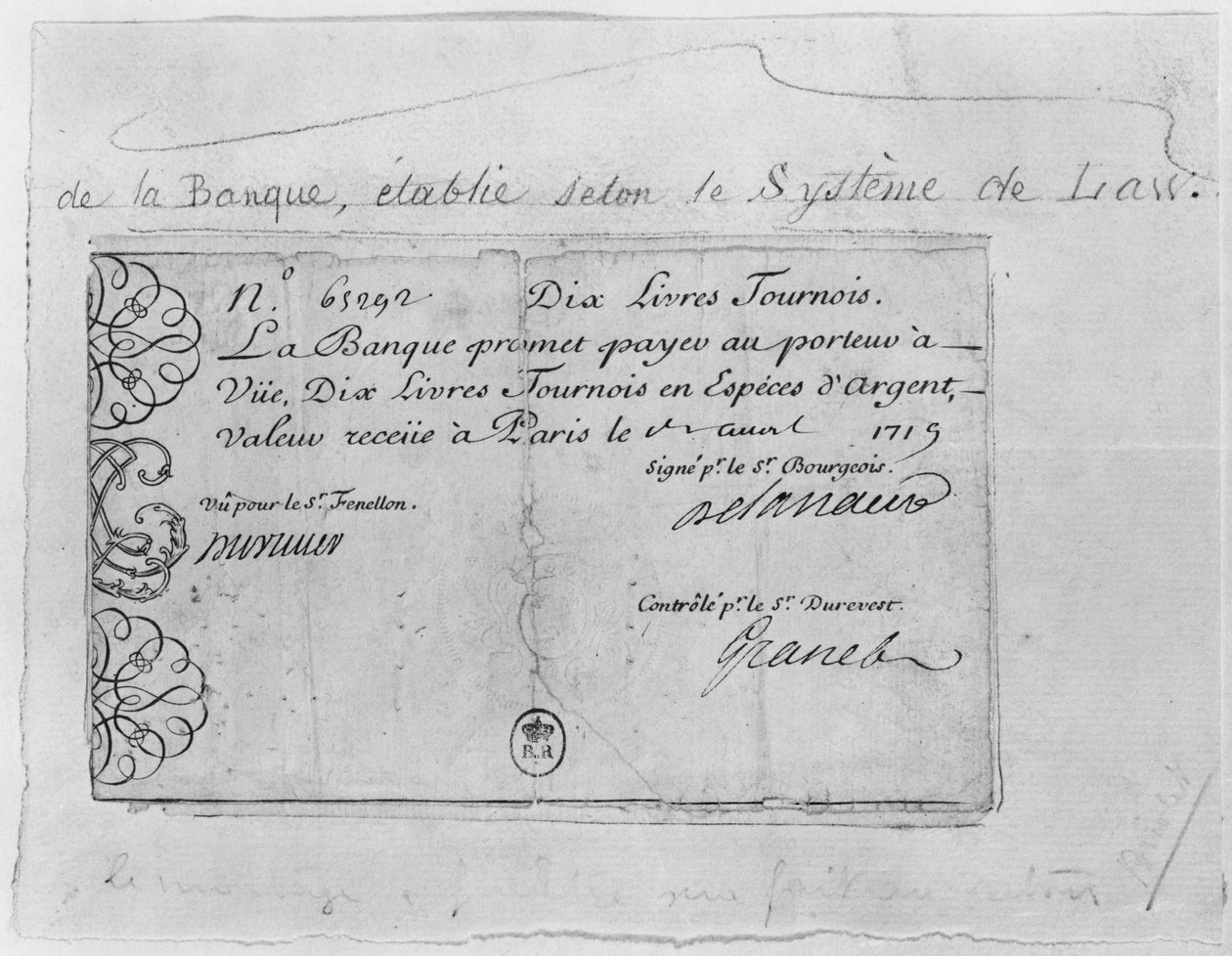 Fransk seddel for ti pund fra Law Bank, datert 1. april 1719 av French School