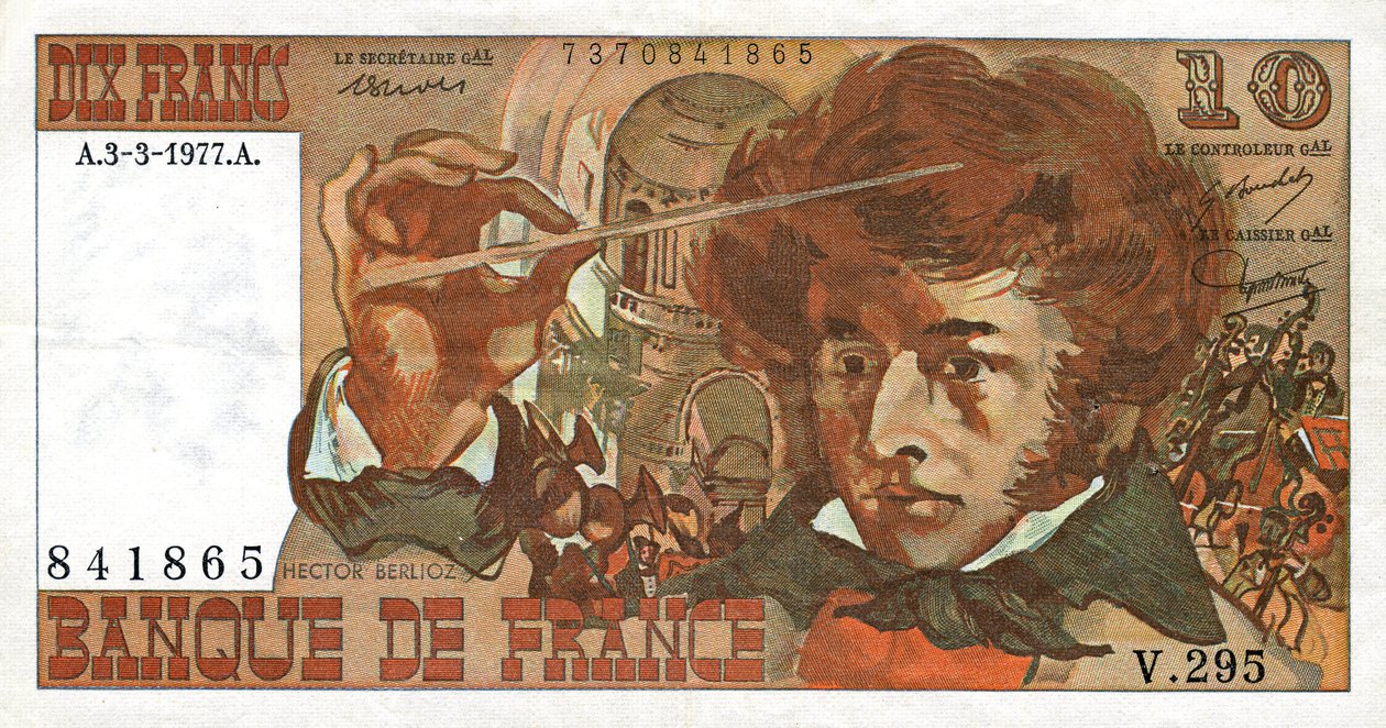 Fransk seddel med bilde av den franske komponisten Hector Berlioz av French School