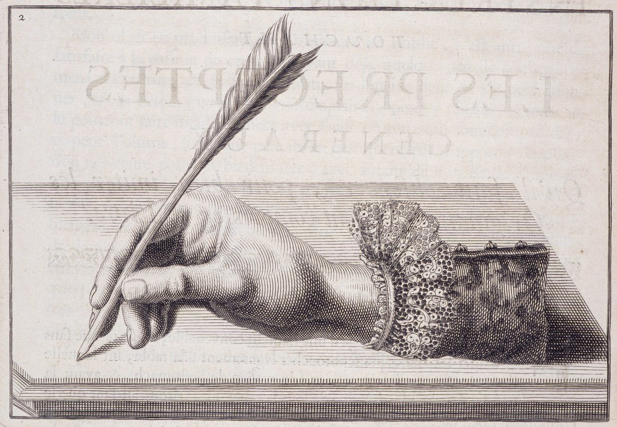 Fransk kalligrafi: "" L'escriture financiere representee dans sa naifvete"", gravering som illustrerer pennens holding av Louis Senault rundt 1652. av French School
