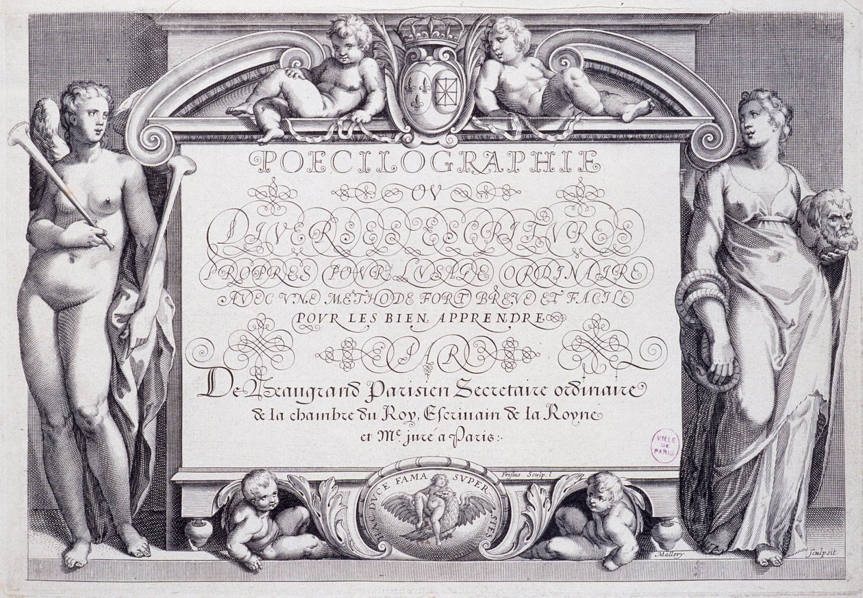 Fransk kalligrafi: Poecilography, frontispice, av Baptiste de Beaugrand i 1606. av French School