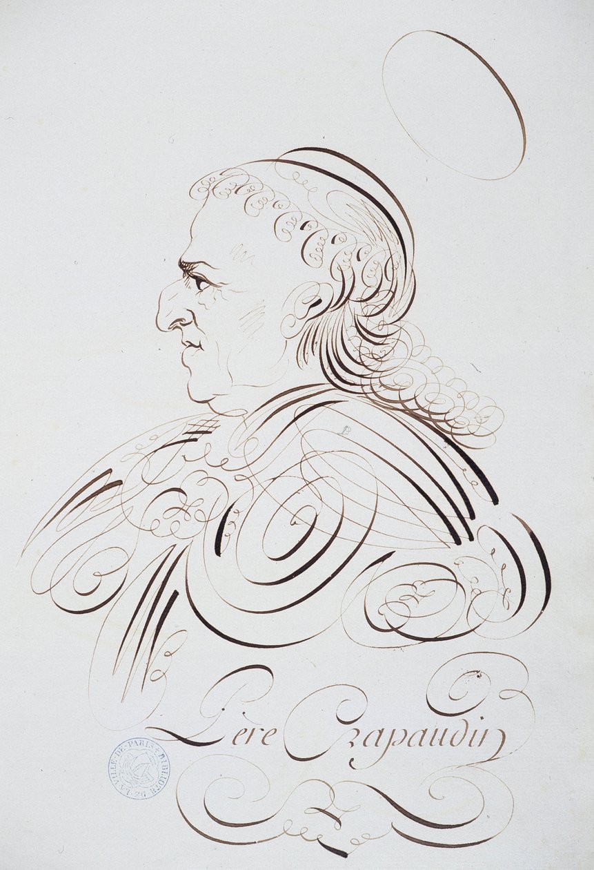 Fransk kalligrafi: Portrett av far Crapaudin av Bernard av Paris rundt 1780. Historisk bibliotek i byen Paris. av French School