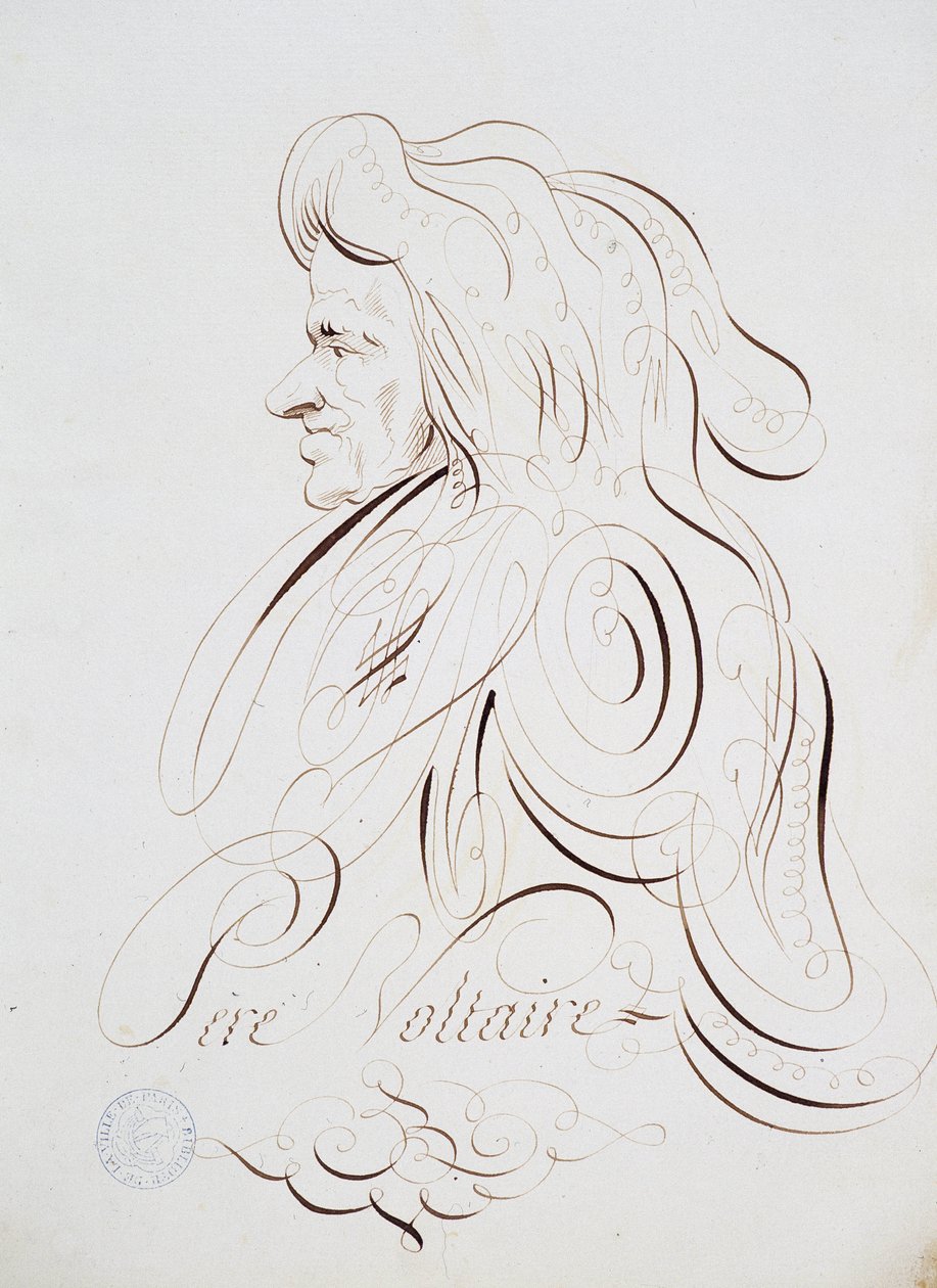 Fransk kalligrafi: Portrett av far Voltaire av Bernard de Paris rundt 1780. Historisk bibliotek i byen Paris. av French School