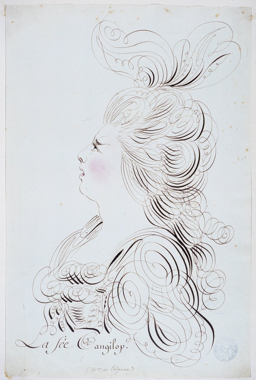 Fransk kalligrafi: Portrett av prinsessen av Polignac i ansiktet forsterket med akvarell av Bernard de Paris rundt 1780. Historisk bibliotek i byen Paris. av French School