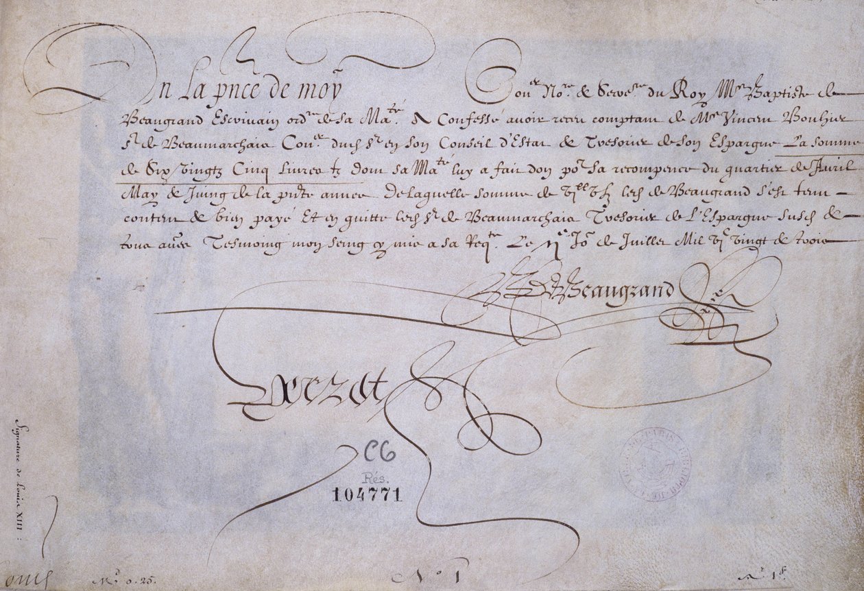 Fransk kalligrafi: Recu til fordel for Bernard de Beaugrand levere 2. juli 1623. Historisk bibliotek i byen Paris. av French School