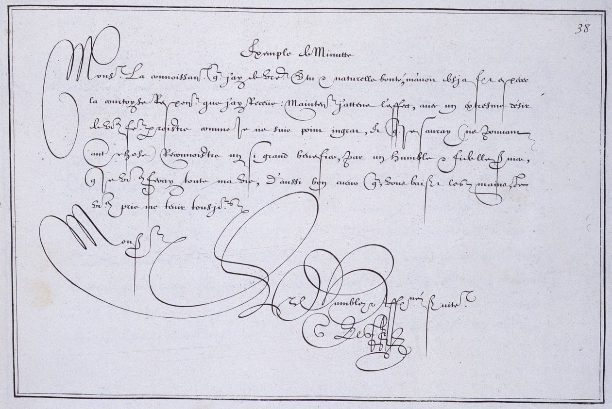 Fransk kalligrafi: Teknografi, "" eksempel på minutt"" av Guillaume Le Gangneur rundt 1599. Historisk bibliotek i byen Paris. av French School
