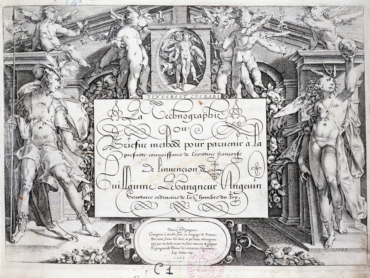 Fransk kalligrafi: Teknografi, frontispice av Guillaume the Gangneur rundt 1599. Historisk bibliotek i byen Paris. av French School