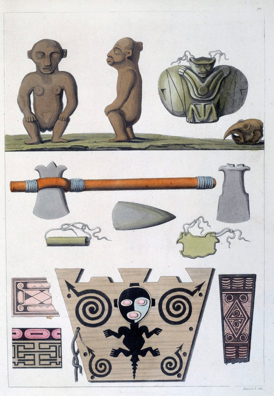 Franske kolonier: gjenstander fra Arawak, de første innbyggerne på Martinique i Vestindia. Gravering av Chartres fra 1800-tallet, Musee des Beaux Arts av French School