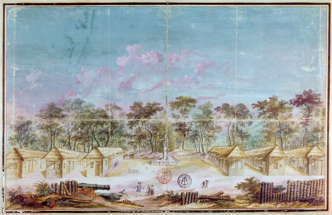 Franske kolonister bosatte seg på stranden i Kourou, Guyana i 1763 (wc på papir) av French School