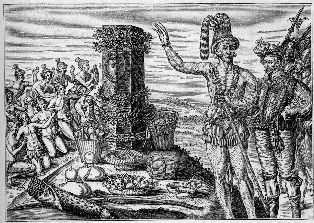 French colony in America: Floridians love the commemorative column erigee by Rene de Laudonniere in memory of the Spanish attacks on the French Protestant colonies in 1564. From a 16th century engraving. In “La Marine et les colonies: commerce” av French School