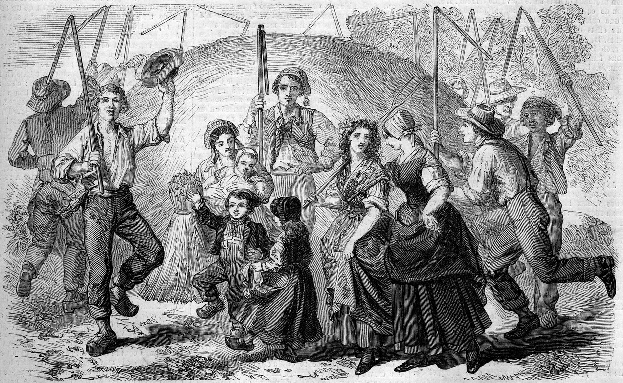 French custom: songs and dances of peasants around the last buckwheat sheaf of the crop. Conde sur Noireau, Calvados (14) av French School