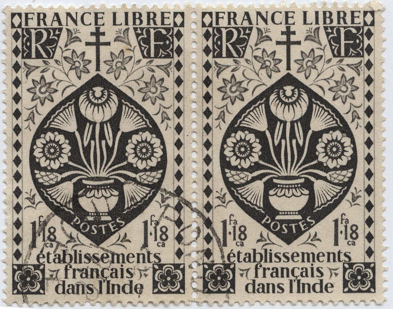 Franske etablissementer i India - FRANCE LIBRE og Cross of Lorraine - Stempel 1942 av French School