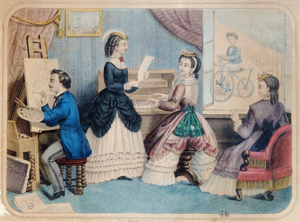 Fransk moteplate som viser kunstneriske aktiviteter, 1867 av French School
