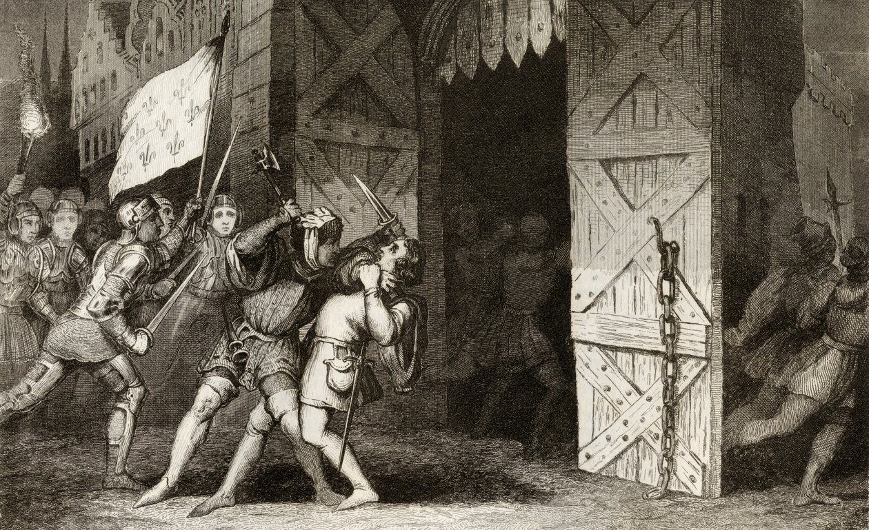 Franske riddere angriper en engelsk holdt by under 100-årskrigen, fra 