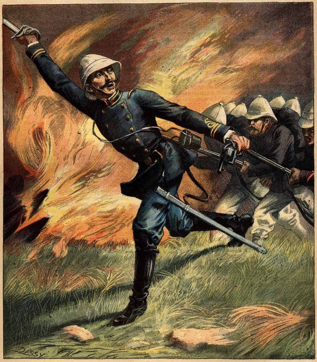 Fransk offiser i Tonkin (Indokina) under et slag mot den kinesiske hæren; 1891. Gravering i «La Terre Illustre» nr. 69 av 25. februar 1892. av French School