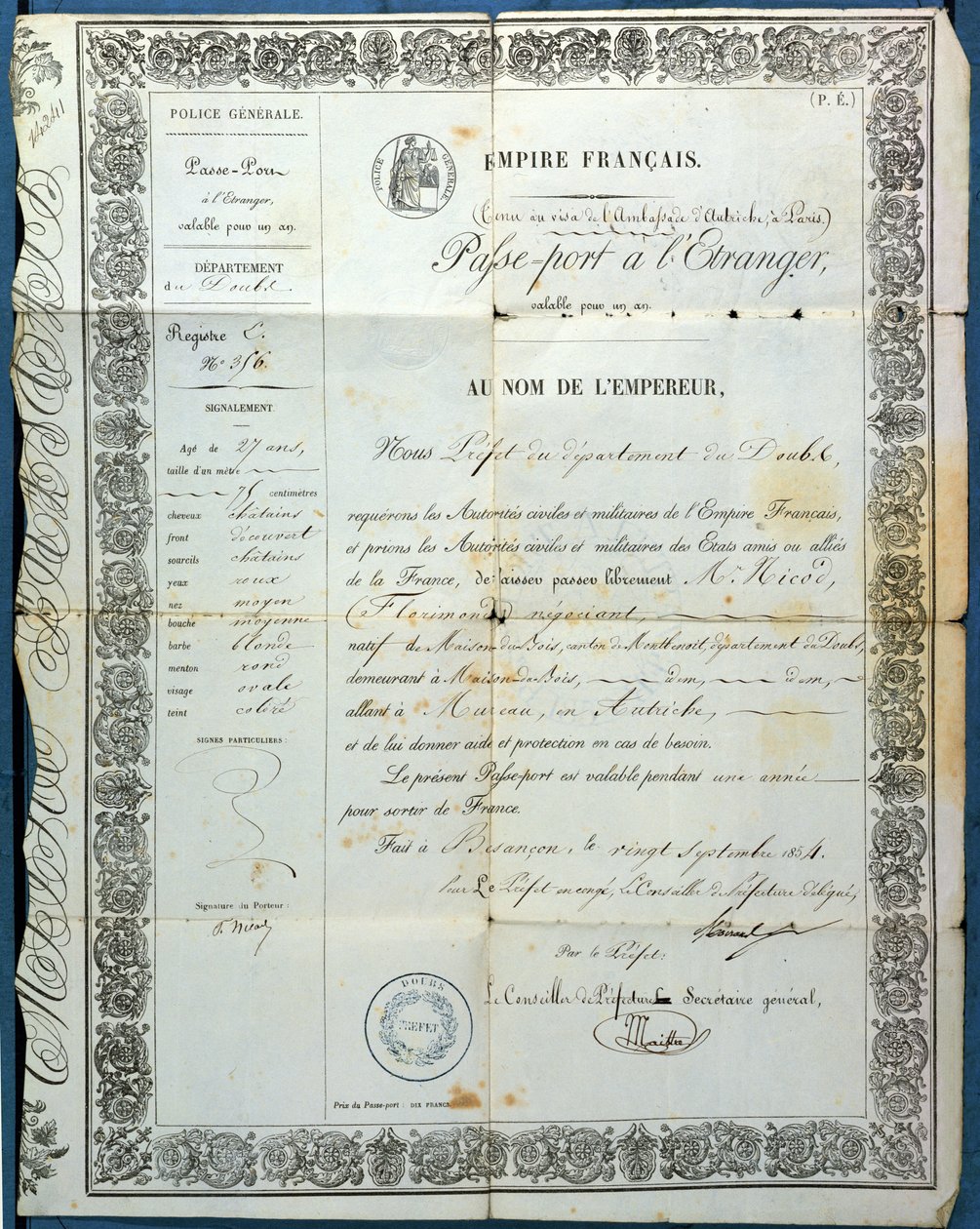 Fransk pass, fra Besançon, 20. september 1854 av French School