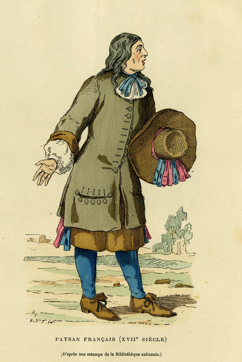 Fransk bondedrakt på 1700-tallet. Gravering i farger etter et trykk av nasjonalbiblioteket, i «France et les francais a travers les centuries» av Augustin Challamel, F.Roy-redaktør, Paris 1882. Selva-samlingen. av French School