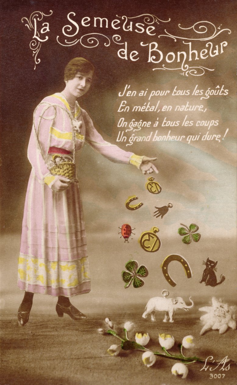 Fransk postkort som viser La Semeuse de Bonheur (lykkessåeren), 29. mars 1914 av French School