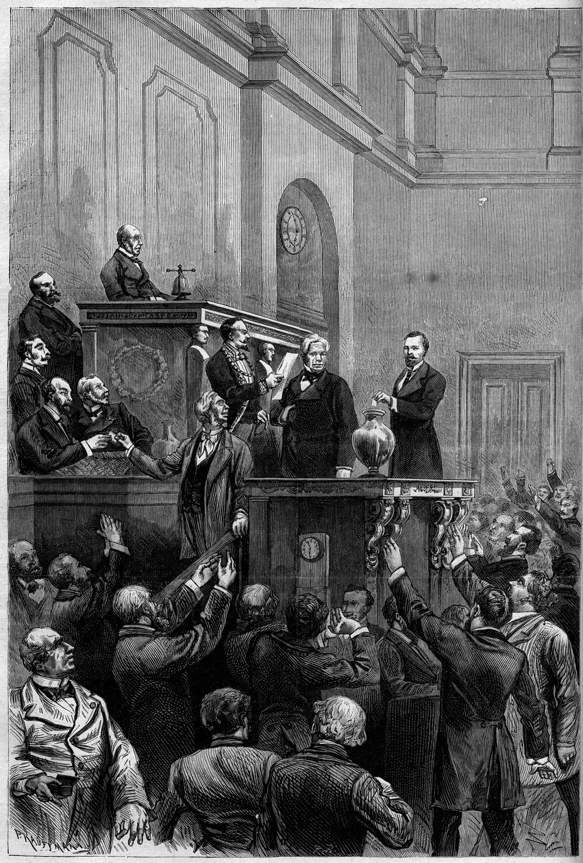 Fransk presidentvalg, 30. januar 1879: etter at Mac Mahon (Mac-Mahon) trakk seg, stemte parlamentarikere for å velge en ny president i republikken. Graveringen representerer Jules Armand (Jules-Armand) Dufaure (1798-1881) som setter sin stemmeseddel av French School