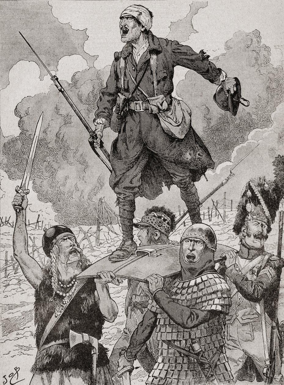 Fransk propagandaplakat med tittelen "On Les Aura", eller We Will Have Them. Fire soldater fra forskjellige historiske perioder bærer en såret, men trassig soldat fra første verdenskrig på et skjold. Fra Agenda Buvard du Bon Marche publisert 1917 av French School