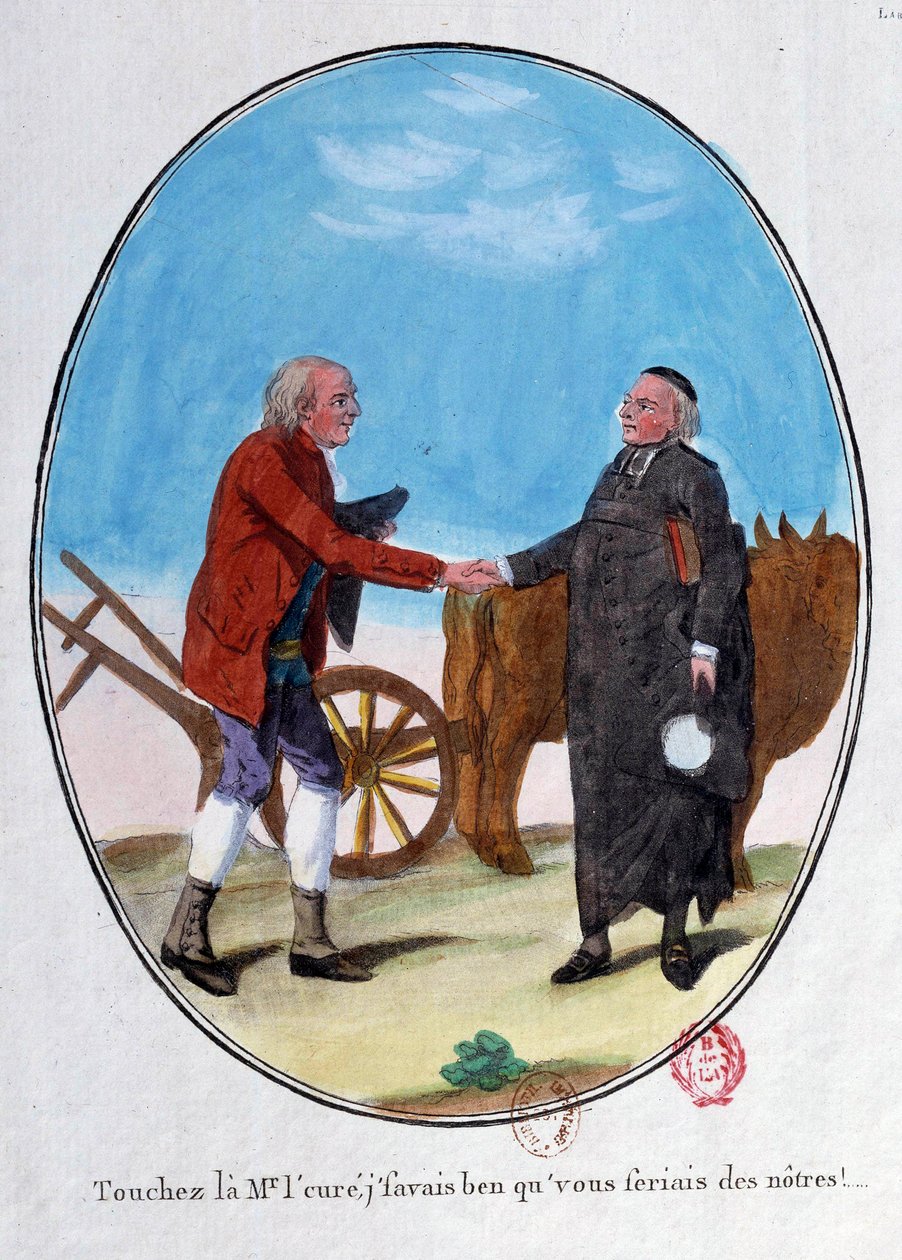 Fransk revolusjon: en bonde og en prest håndhilser. "Berør herren, jeg visste at du ville være en av oss." Tegneseriegravering fra slutten av 1700-tallet. Paris, Arsenals bibliotek av French School