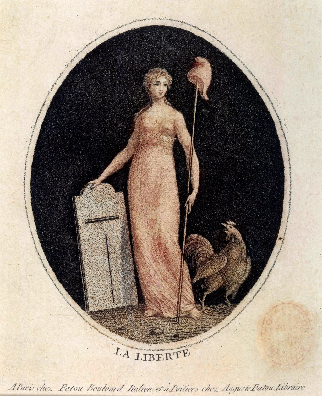 Fransk revolusjon: allegori om frihet under egenskapene til en kvinne, som bærer en frygisk hette på et spyd, med en hane ved føttene. Trykk fra slutten av 1700-tallets Paris, Musee Carnavalet av French School