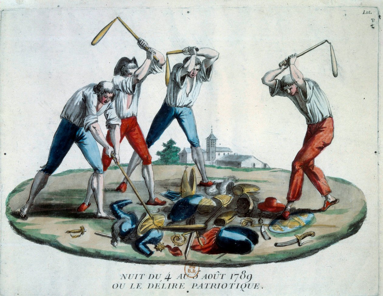 Fransk revolusjon: allegori om natten 4/08/1789 som så avskaffelsen av feodale privilegier og rettigheter. Medlemmer av Patriot-folket ødelegger symbolene på adel, geistlige og rustning. Gravering fra 1789. Paris, Arsenals bibliotek av French School