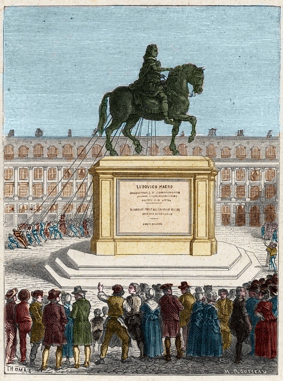 Fransk revolusjon: styrte statuen av kong Louis XIV (1643-1715), Place Vendome i Paris av French School