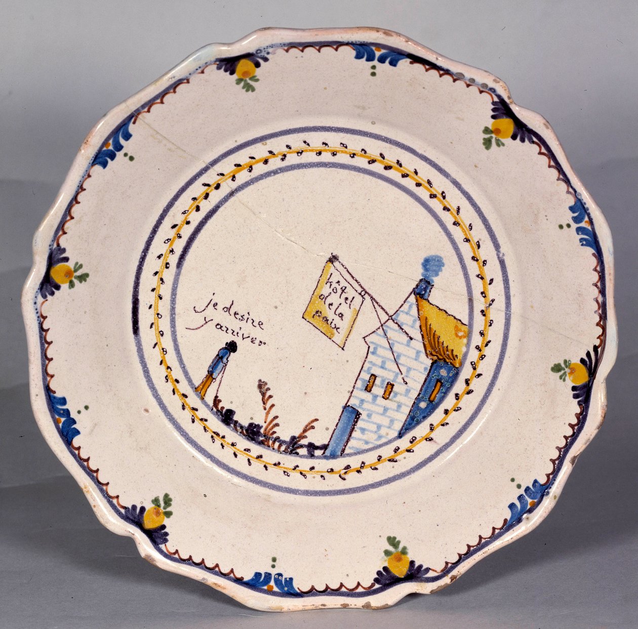 Fransk revolusjon: tallerken med representasjon av hotel de la paix "" Jeg ønsker å komme dit"". Keramikk fra 1700-tallet. Nevers, museum Frederic Blandin av French School