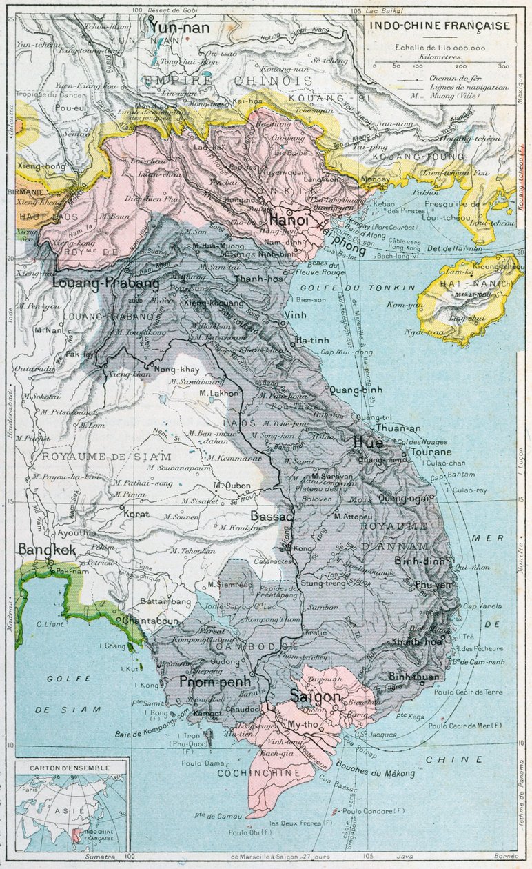 Fransk skole lærebok kart over Indokina, 1905 av French School