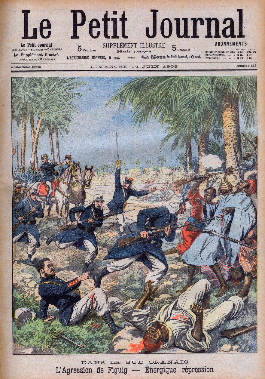 French soldiers attacking Moroccan bandits threatening their interests in the Sud Oranais, Algeria, at the oasis of Figuig, Morocco - periode du protectorate francais L