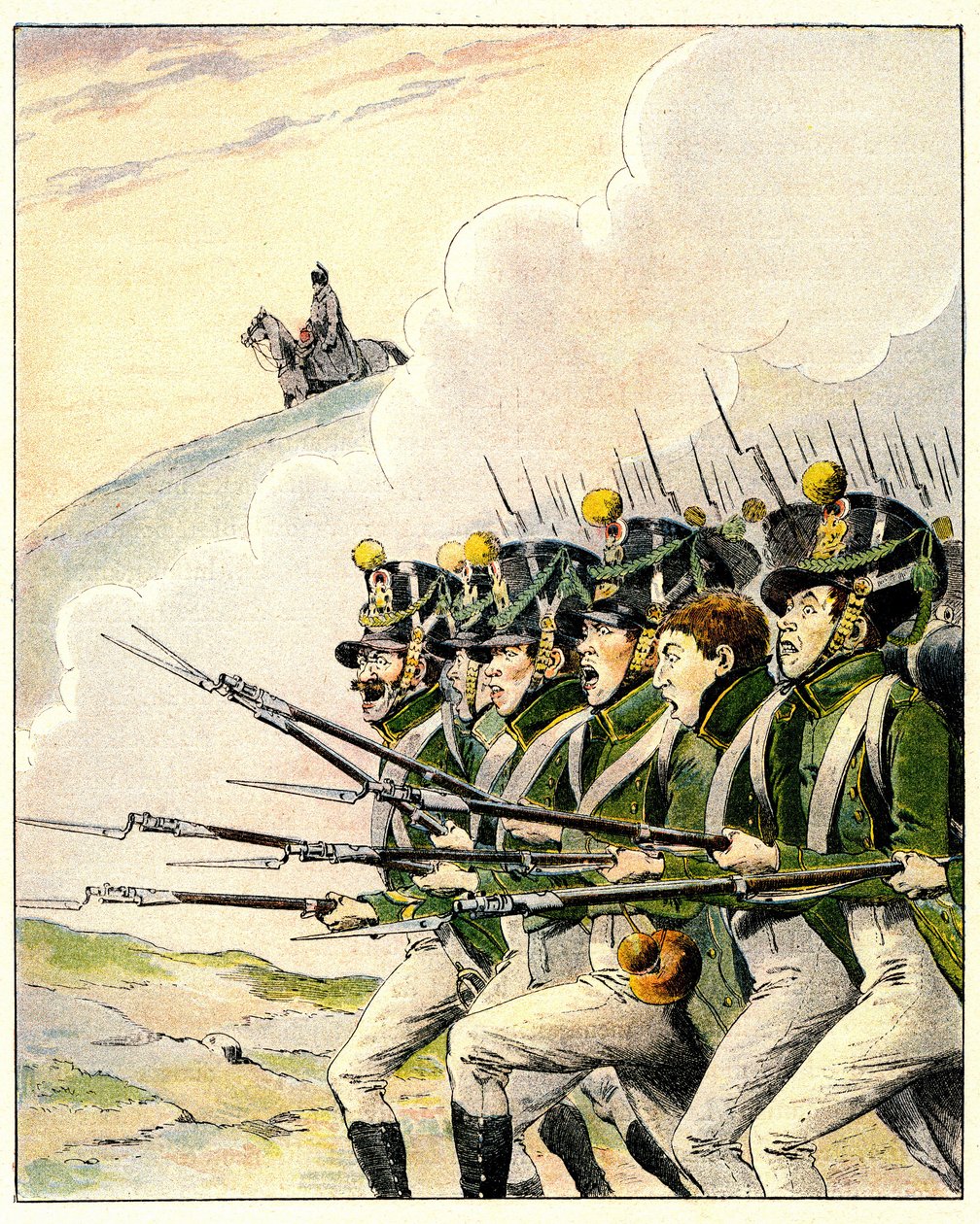 Franske soldater under slaget ved Waterloo (farge litho) av French School
