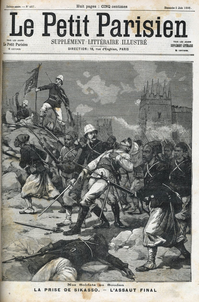 French soldiers in Sudan: May 1898. Sack of Sikasso by Colonel Audeoud (Sudan). The capture of Sikasso. Cover of “” Le petit parisien””” of June 1898. av French School