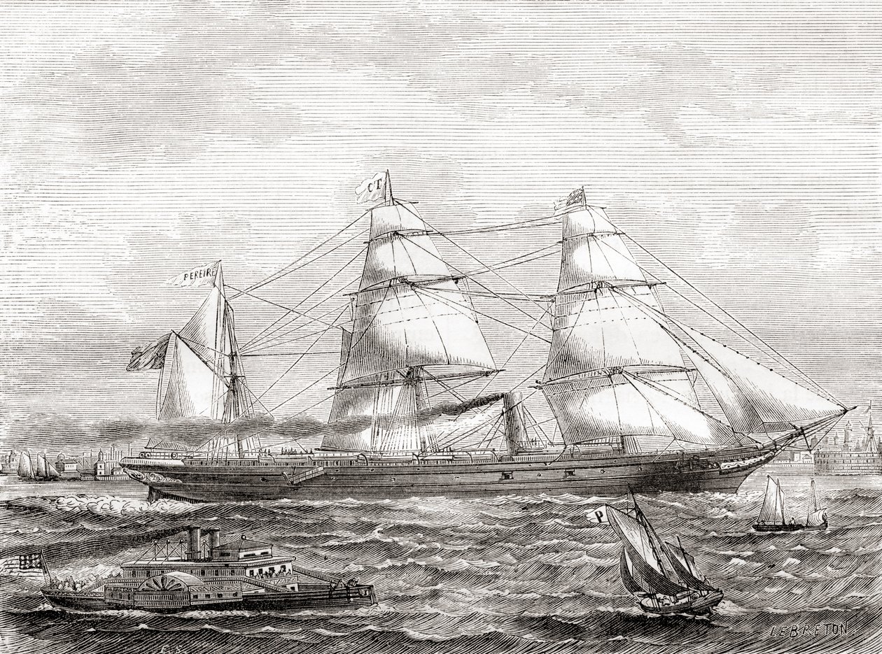 Fransk dampdrevet transatlantisk ruteskip Pereire (1866-1888), fra Les Merveilles de la Science, pub.1870 av French School