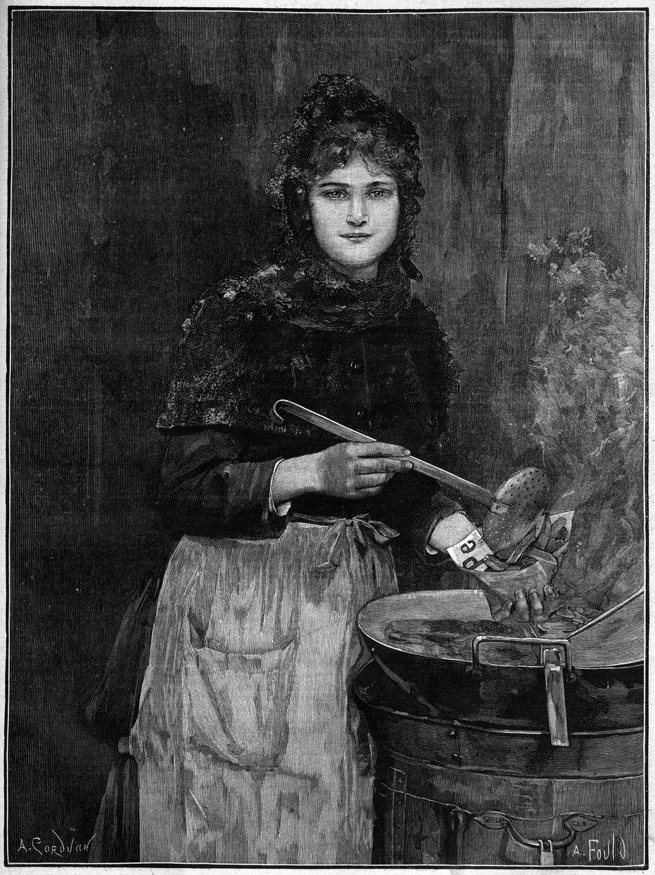 Fried potato dealer; 1888 engraving from Achilles Foald