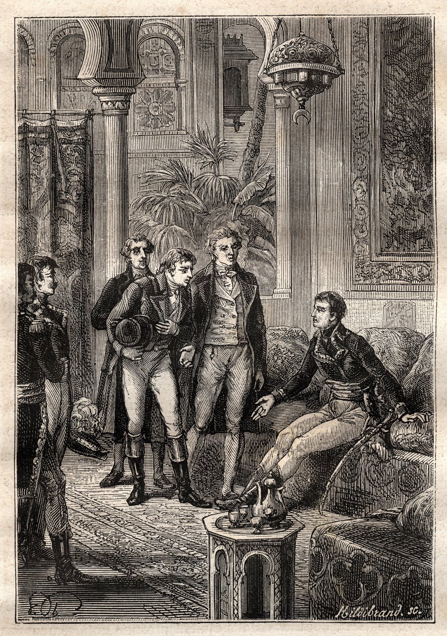 Friedrich Konrad Hornemann (1772-1801) møtte Napoleon Bonaparte i Kairo i 1797 i nærvær av Gaspard Monge (1746-1818) og Claude Louis Berthollet (1748-1822) - illustrasjon hentet fra "The Great Mariners of the 18th century" av French School