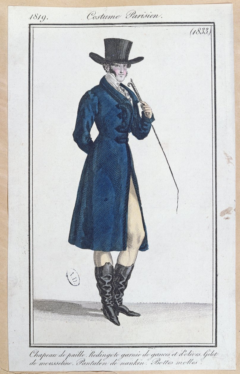 Frakk med stråhatt, nankeen-bukser og myke støvler, 1819 av French School