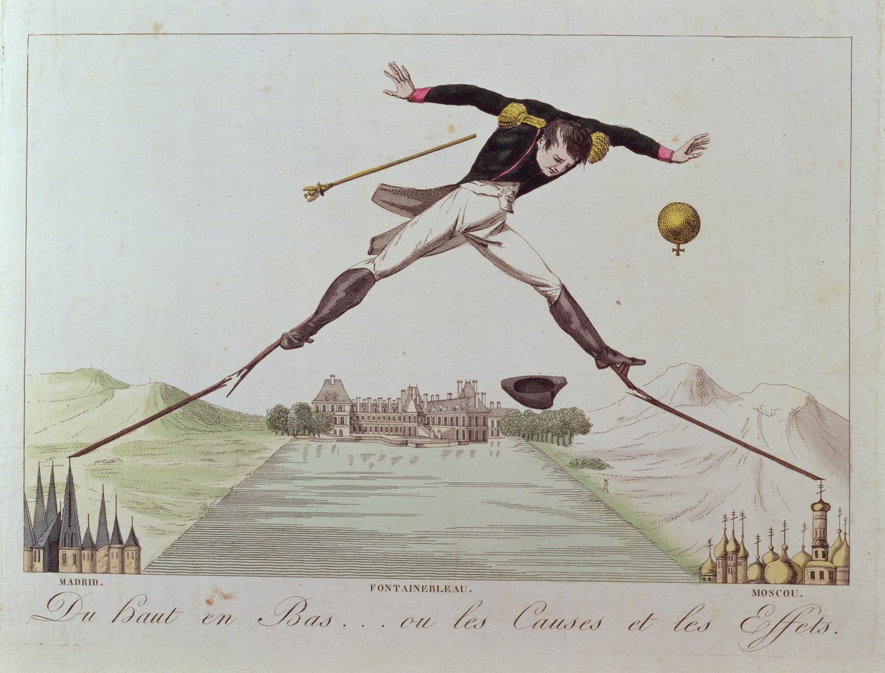 Fra høy til lav ... eller årsakene og virkningene, karikatur av Napoleons utenrikspolitikk, ca. 1814 av French School