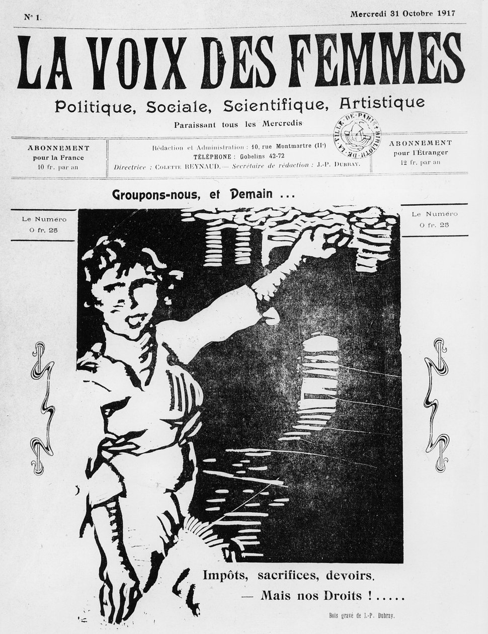 Forside av La Voix des Femmes, utgitt i Paris, oktober 1917 (trykt papir og tresnitt) av French School